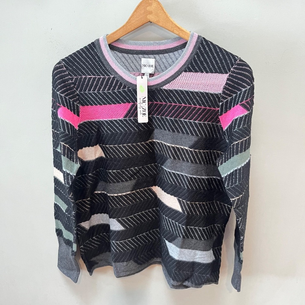 NEW Nic+Zoe Womens Knit Sweater M Pink Multi Striped Pattern Crew Neck- Sz. M